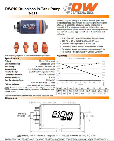 DW 810lph in-tank brushless fuel pump w/ 9-1002 install kit + C105 Controller