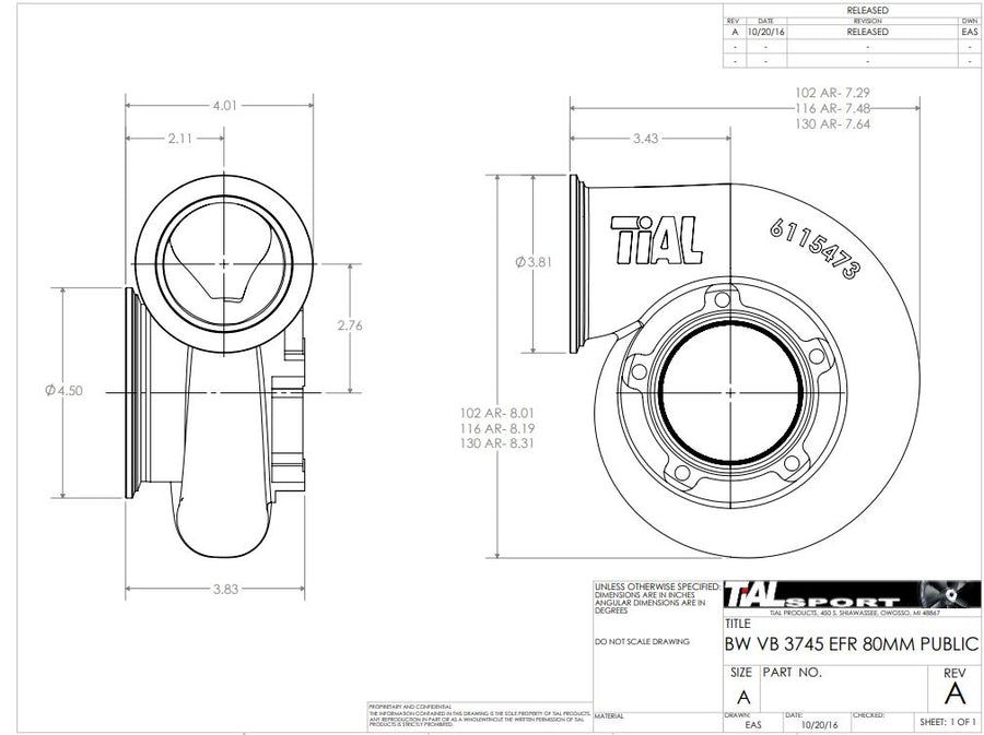 Tial Sport Borgwarner EFR 9180 & 9280 Vband Turbine Housing